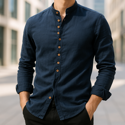 Men's Linen-Blend Woven Shirt with Band Collar and Button Placket